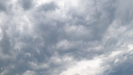 Unpleasant grey cloudscape covered the sky. Dramatic overcast horizon before the rain. Low angle view. Timelapse.