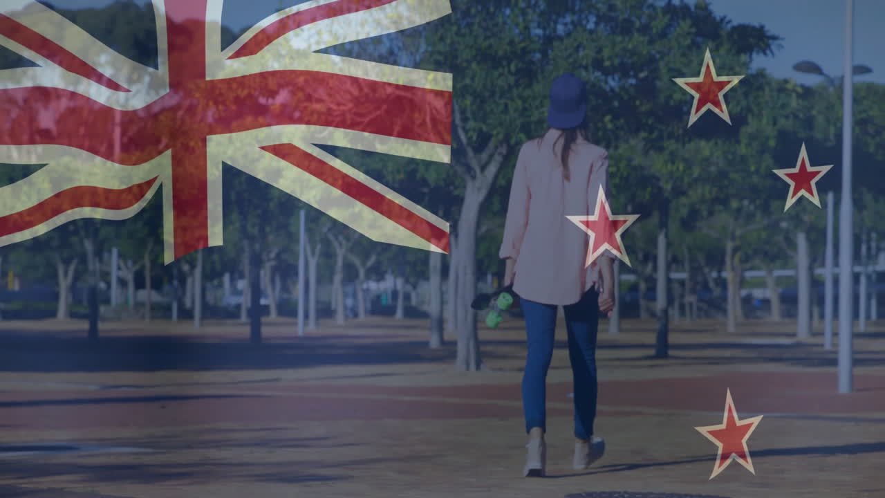 Person walking in park with New Zealand flag overlay animation