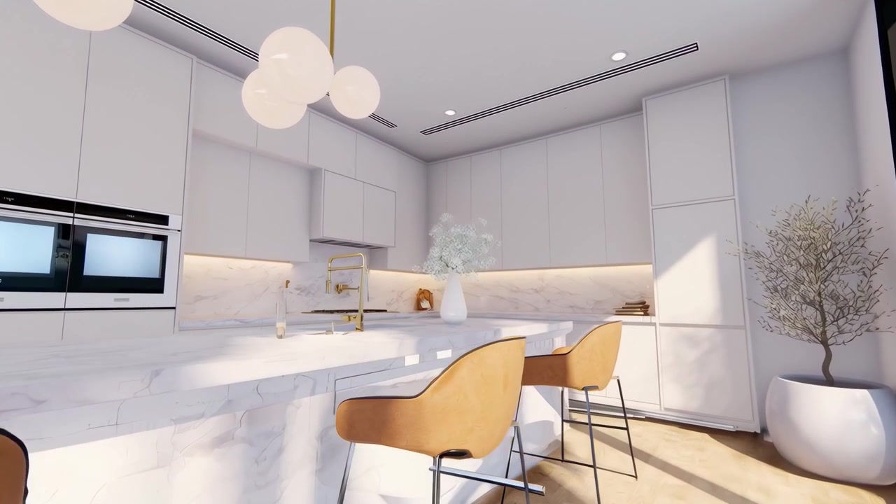 Interno di cucina moderna e minimalista con isola in marmo e sgabelli da bar