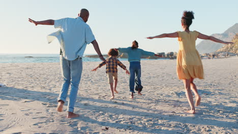 airplane, back and family running at the beach