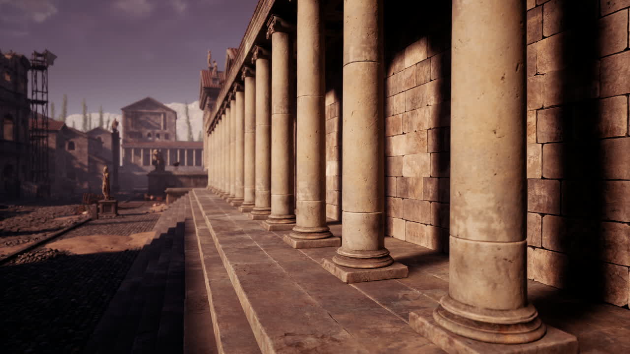 Ancient architecture in a forgotten city with towering columns and ruins