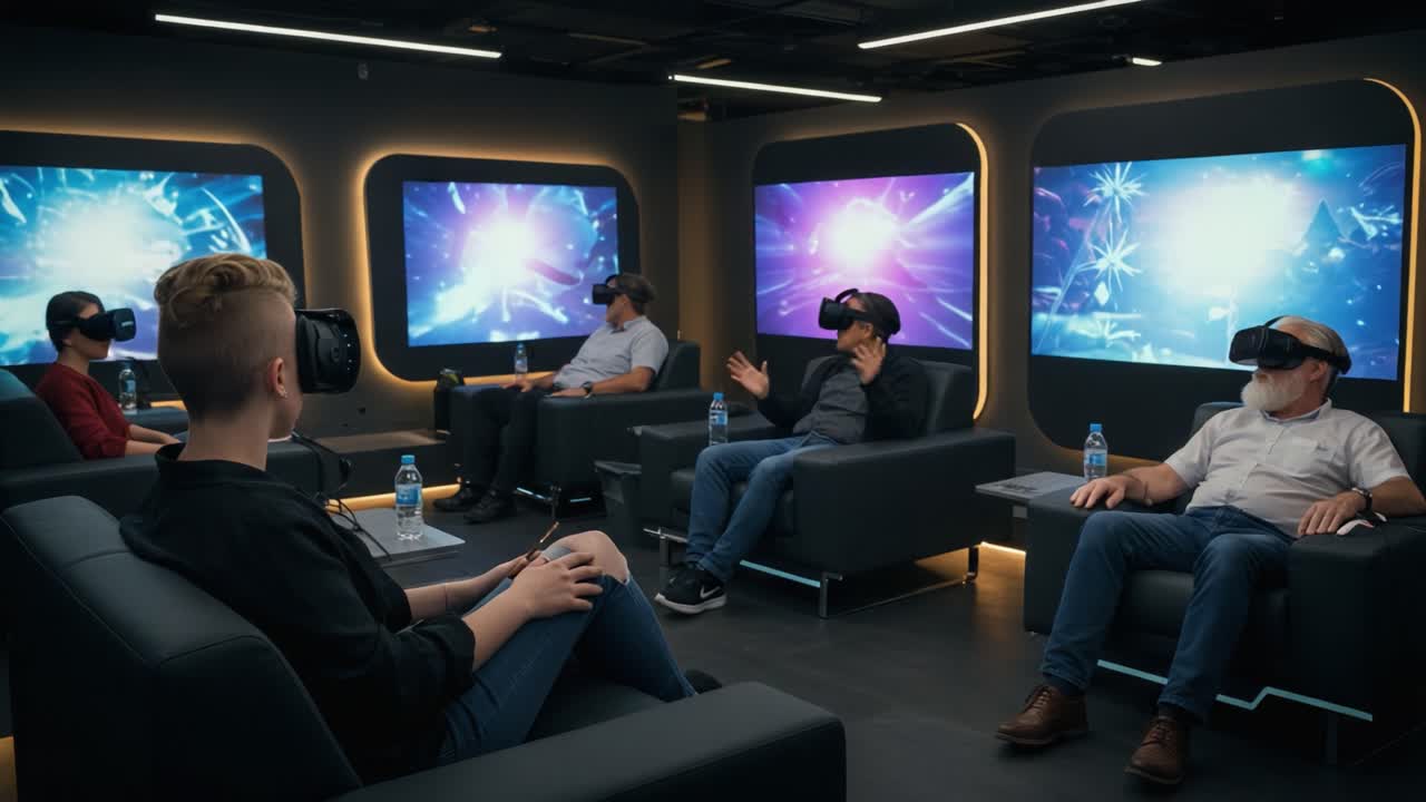 Engaged in Virtual Reality Experiences: A Group Session of Participants Immersed in Futuristic Digital Realms Surrounded by Interactive Visual Displays