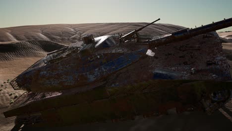 militairy tanks destructed in the desert at sunset