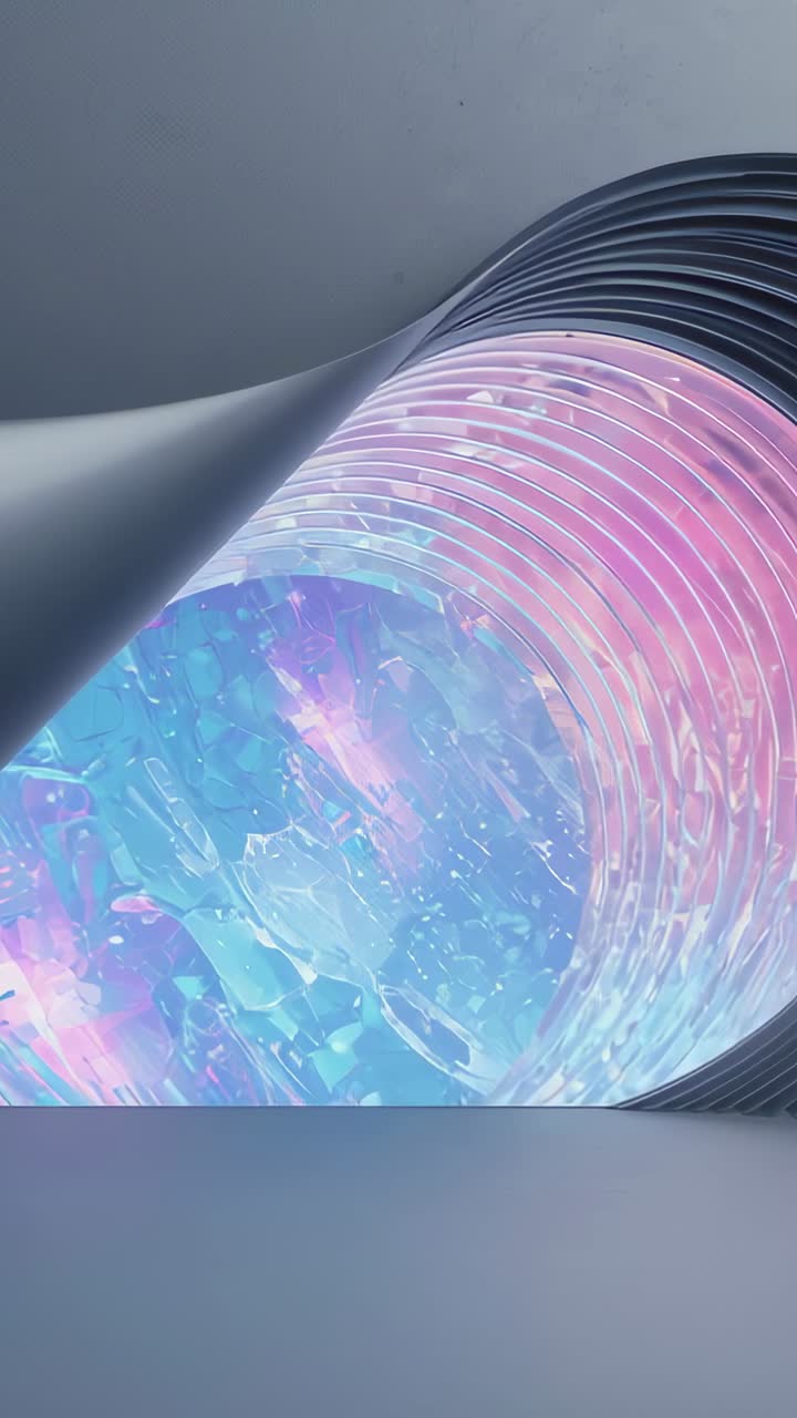 Vertical video: Sweeping light driving spiral shifting iridescent inner hues on gray plinth, core
