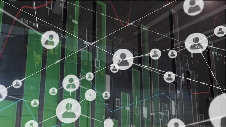 Animation of network of connections with icons over statistics