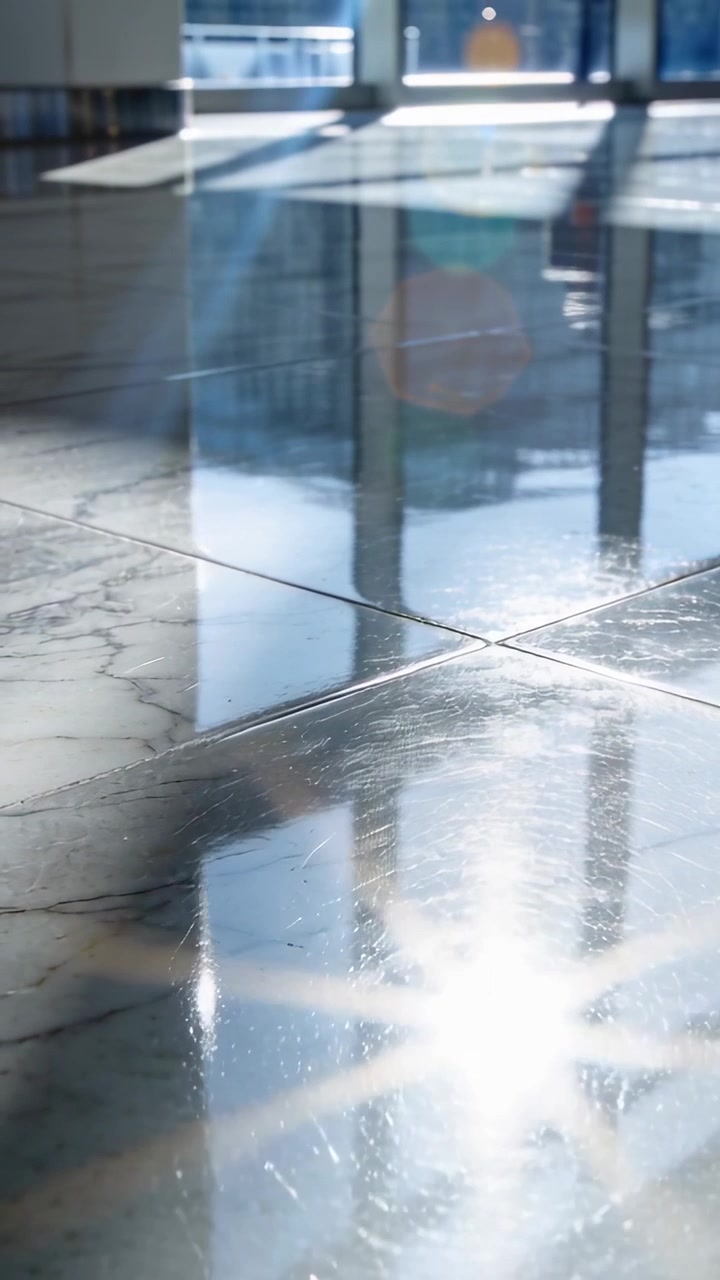 Vertikal video: Strålende solstråle skaber stjerneglimt på lobbygulv ved glasvæg med linseglimt