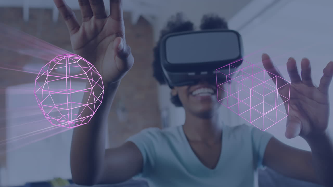 Animation of glowing 3d shapes of data transfer over african american woman in vr headset