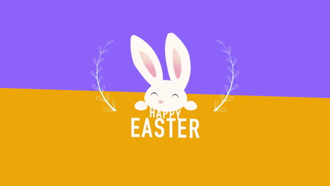 primer plano animado feliz texto de pascua y conejo en vértigo naranja y púrpura
