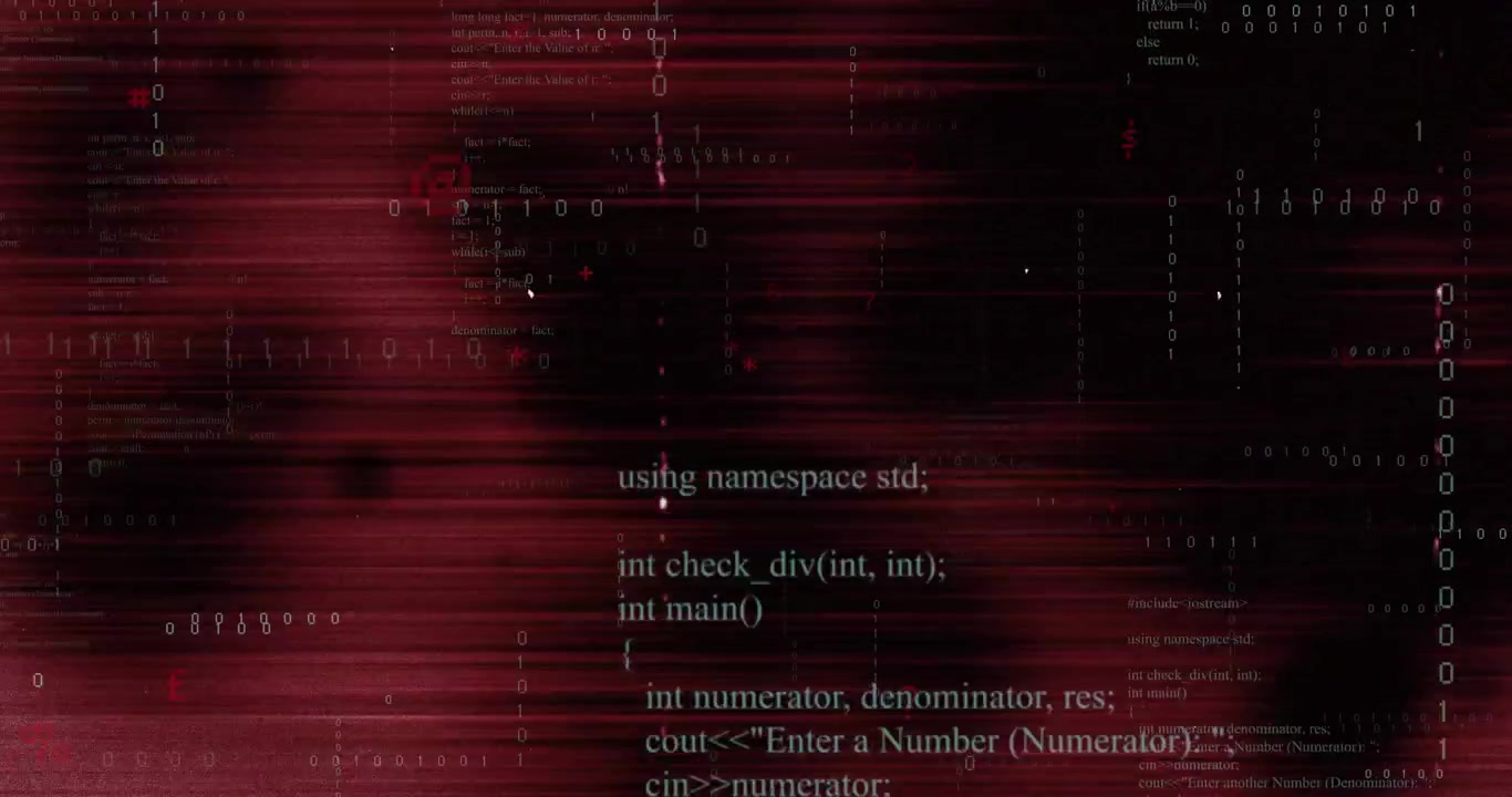 Starting deep red background pulsing glitch, binary drifting, namespace sweeping, code pulsing cyan