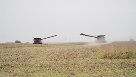 Dos-Cosechadoras-Trabajando-En-Un-Campo-De-Soja-En-Un-Día-Sombrío