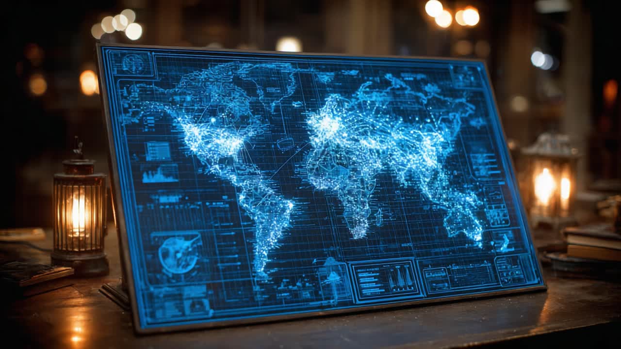 A Detailed Digital Map Visualization Illuminating Global Connectivity with Advanced Data Points Highlighting Various Regions and Urban Centers