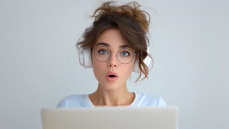 surprised woman wearing headphones and glasses using laptop