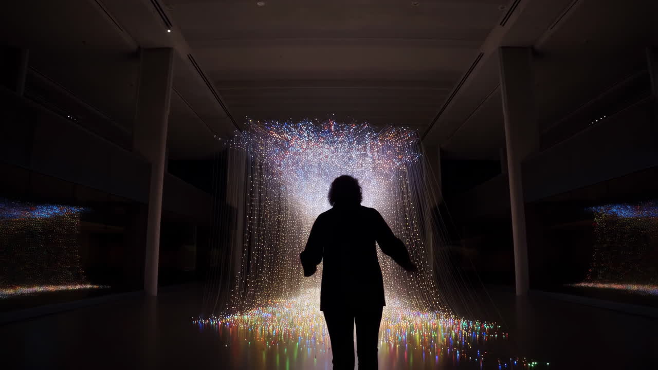 A person views a vibrant light art installation in a dark gallery