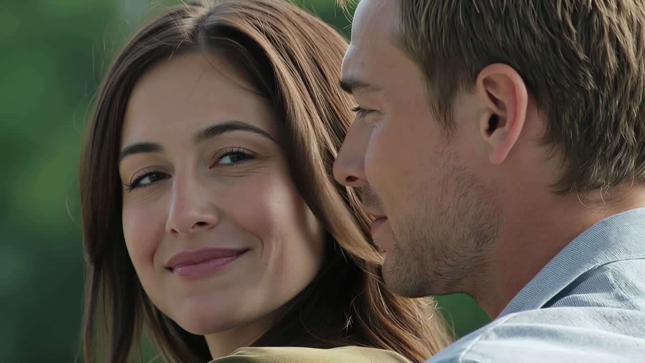 Donna in giacca color cammello, con sguardo che si sposta, che avvicina un uomo, gli avvolge un braccio intorno alle spalle e indica nel parco.