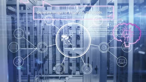 Animación-De-Globo-Y-Puntos-Conectados-Con-Pantallas-De-Interfaz-Hud,-Sistema-De-Almacenamiento-En-Sala-De-Servidores-De-Datos