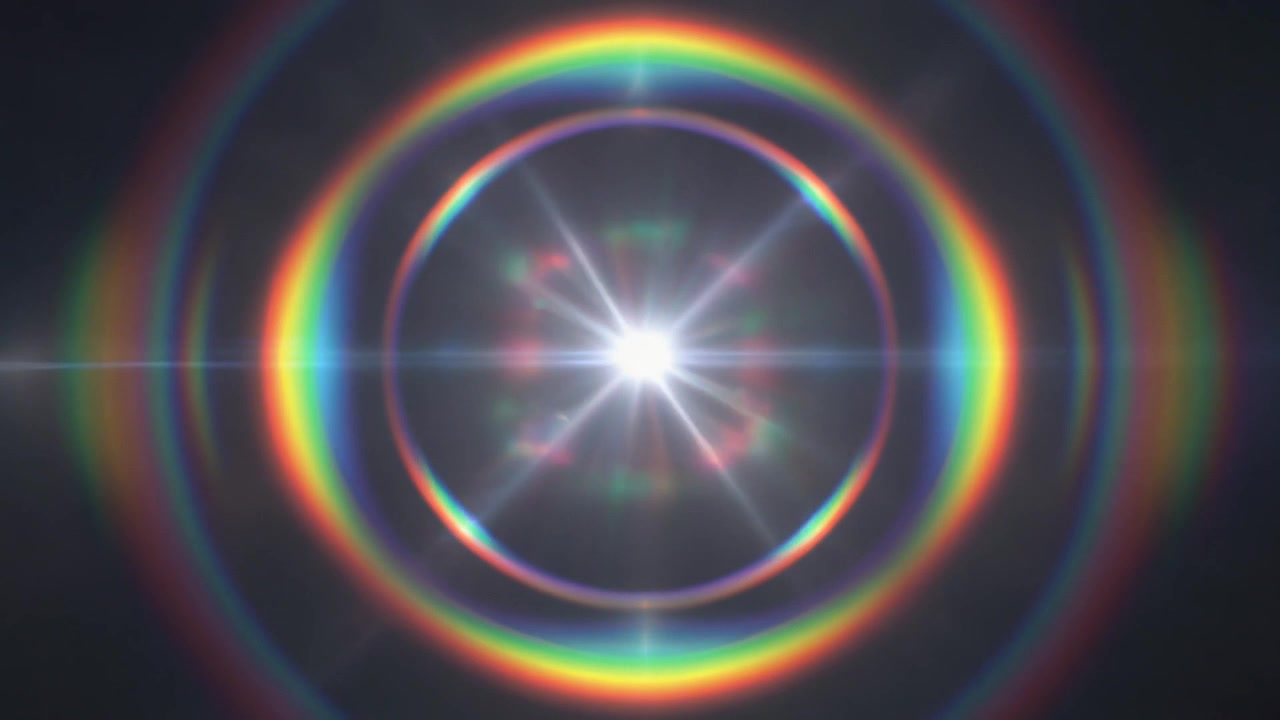 Bagliore di luce astratto con anelli arcobaleno concentrici