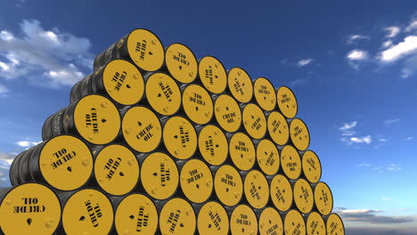 Crude-oil-barrel-stacked-in-a-dock-and-camera-spinning-around---3D-Animation-Render-Crude-oil-supply-and-demand,-Rising-oil-prices,-Commodity-market-trading-concept-video