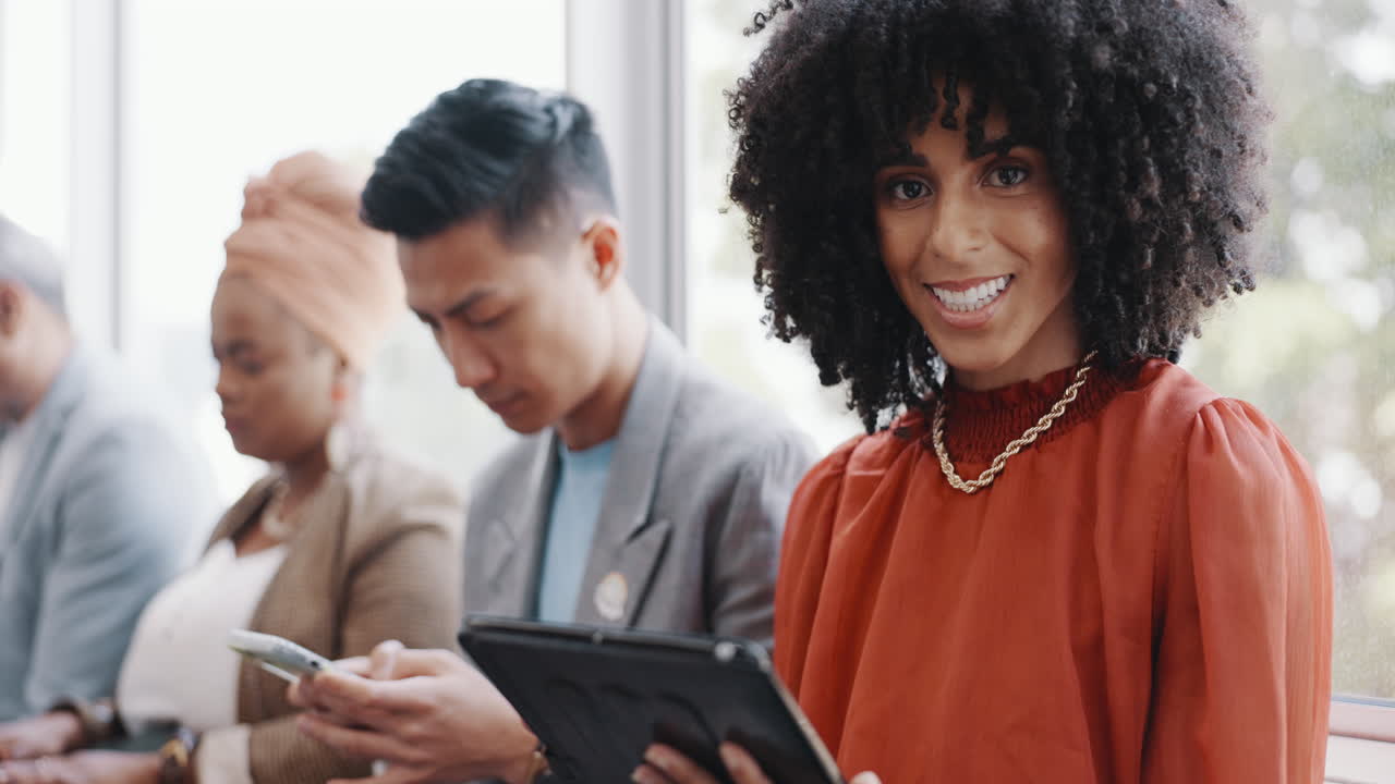 Face, business and black woman with people