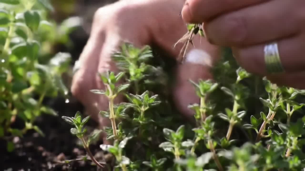 Cultivating Fresh Herbs: A Close-Up of Hands Harvesting Thyme from a Thriving Garden Bed, Showcasing the Joy of Gardening and Connection to Nature