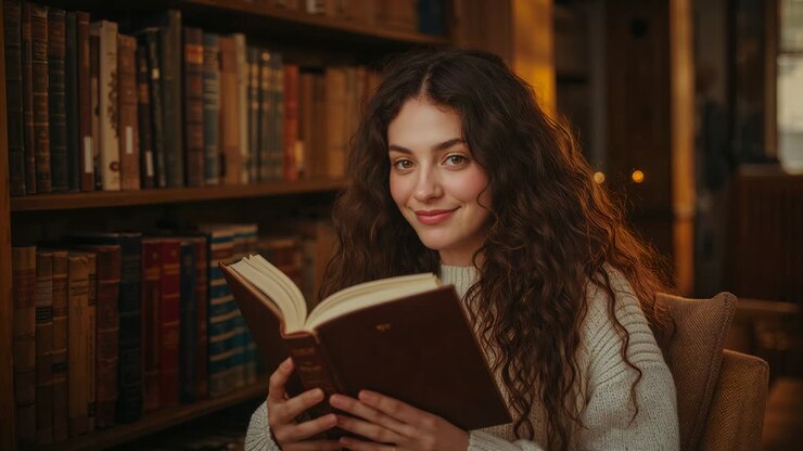 Libro con copertina rigida aperto, donna che studia guardando in basso, in pausa, che guarda in alto su una poltrona da studio, top in maglia