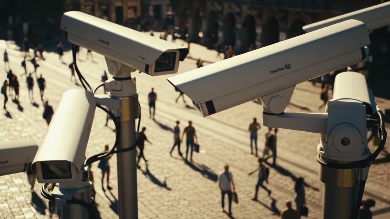 Surveillance Cameras Overseeing a Busy Urban Square Filled with Pedestrians in a Vibrant City Scene Capturing the Essence of Modern Security Technology