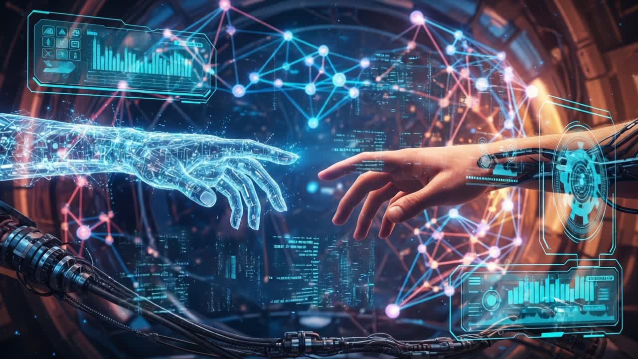 A breathtaking digital artwork illustrating the connection between human intelligence and artificial intelligence, showcasing the fusion of technology and humanity in a striking visual narrative