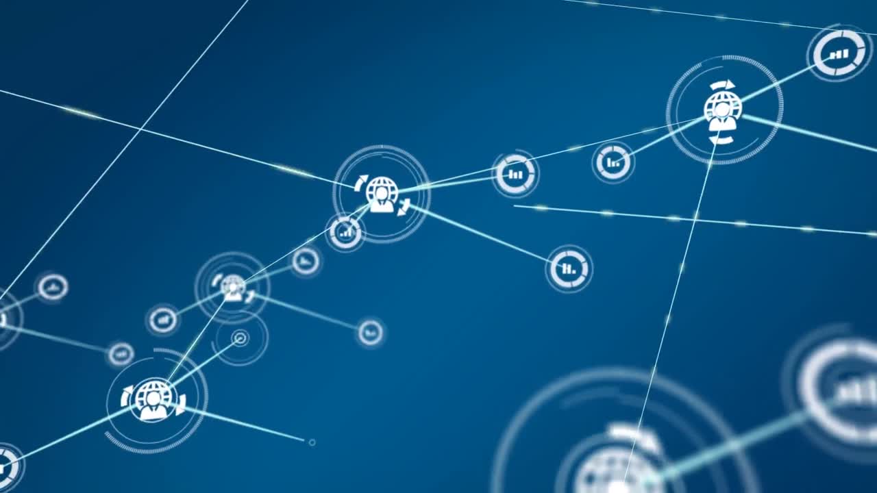 animación de la red de conexiones con iconos sobre fondo azul