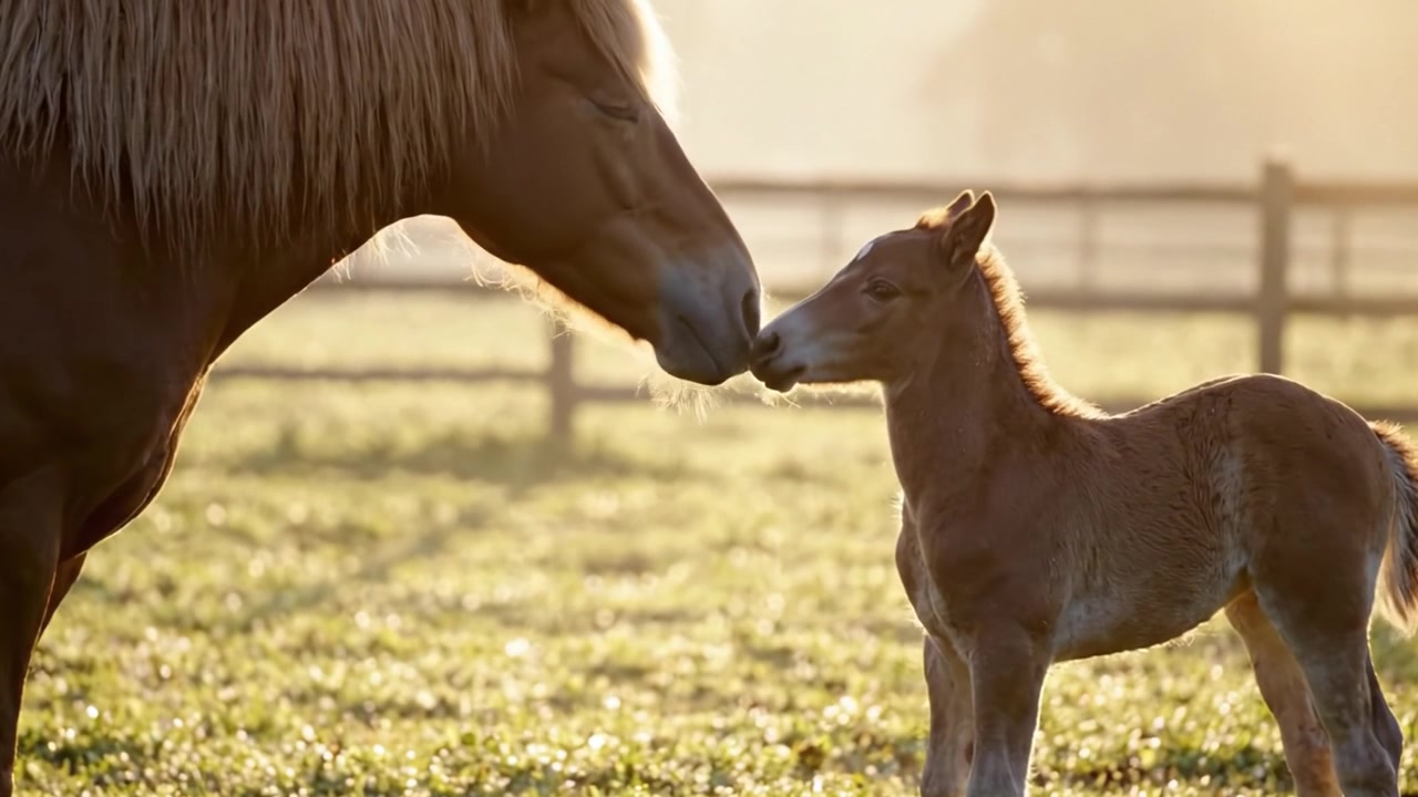 Un Momento Conmovedor entre un Majestuoso Caballo y su Adorable Potro en un Sereno Entorno Pastoral al Amanecer, Capturando la Esencia de la Naturaleza y el Vínculo
