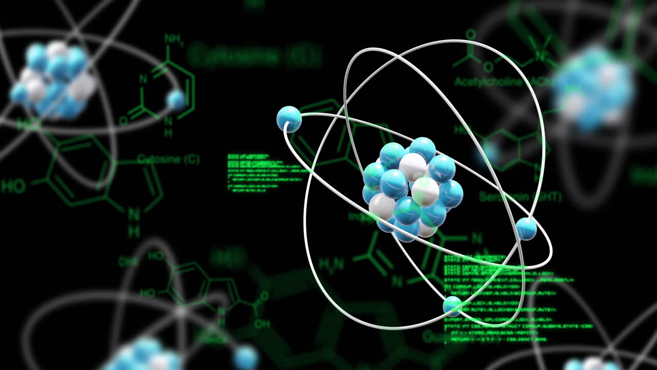 검은 바탕에 있는 원자 모델 회전과 데이터 처리의 애니메이션