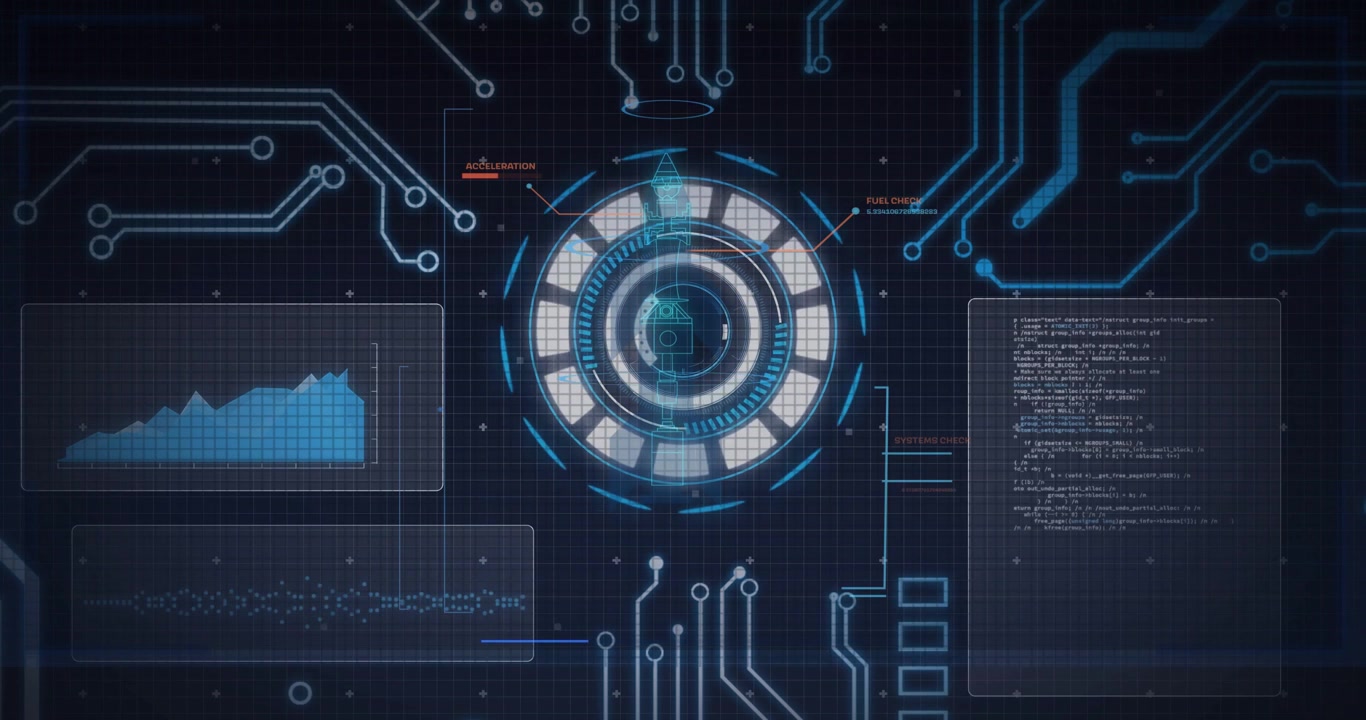Telemetry arriving and waking center HUD, rings rotating, charts and code updating for diagnostics