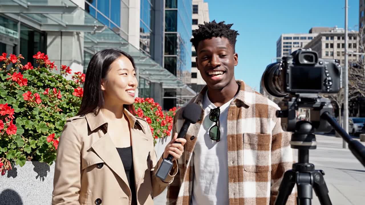 Diverse journalists reporting news live in city