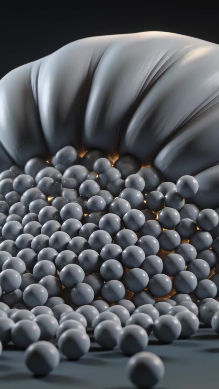 Vertical video: Pressing soft dome pushing matte gray spheres across dark floor, showing warm gleam