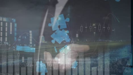 animation of data processing and puzzle over cityscape