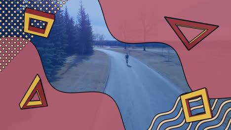 teenage boy riding bike through rural health marketing, blending red shapes and yellow geometry
