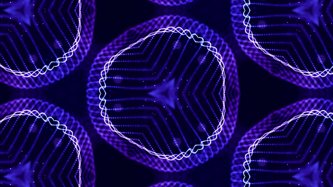 Kaleidoscopic abstract theme. 4k looped sci-fi 3d background with glow blue particles form lines, surfaces, pattern complex symmetrical structures
