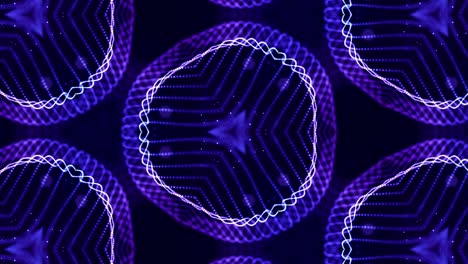 tema abstracto caleidoscópico. fondo 3d de ciencia ficción en bucle de 4k con partículas azules brillantes forman líneas, superficies, patrones estructuras simétricas complejas