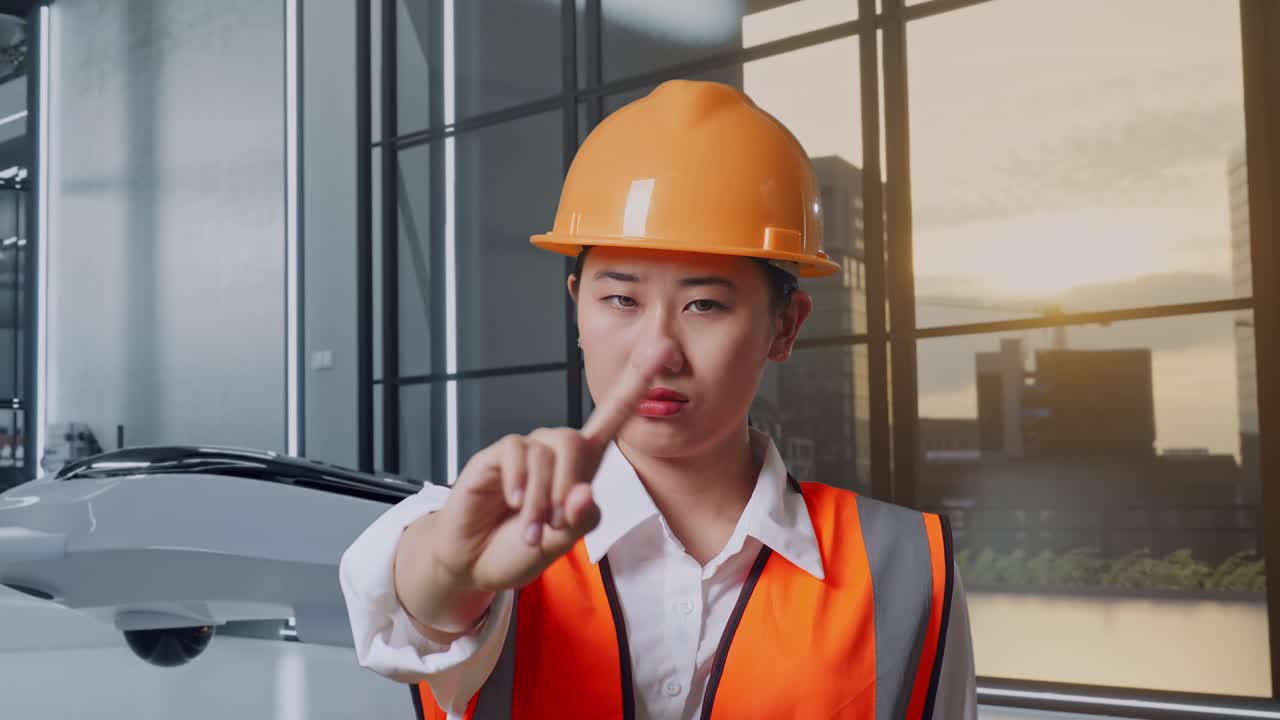 안전 헬을 입은 아시아 여성 엔지니어가 무인기 프로젝트에 서 있는 동안 지표손가락 표시 없이 불쾌감을 표합니다.
