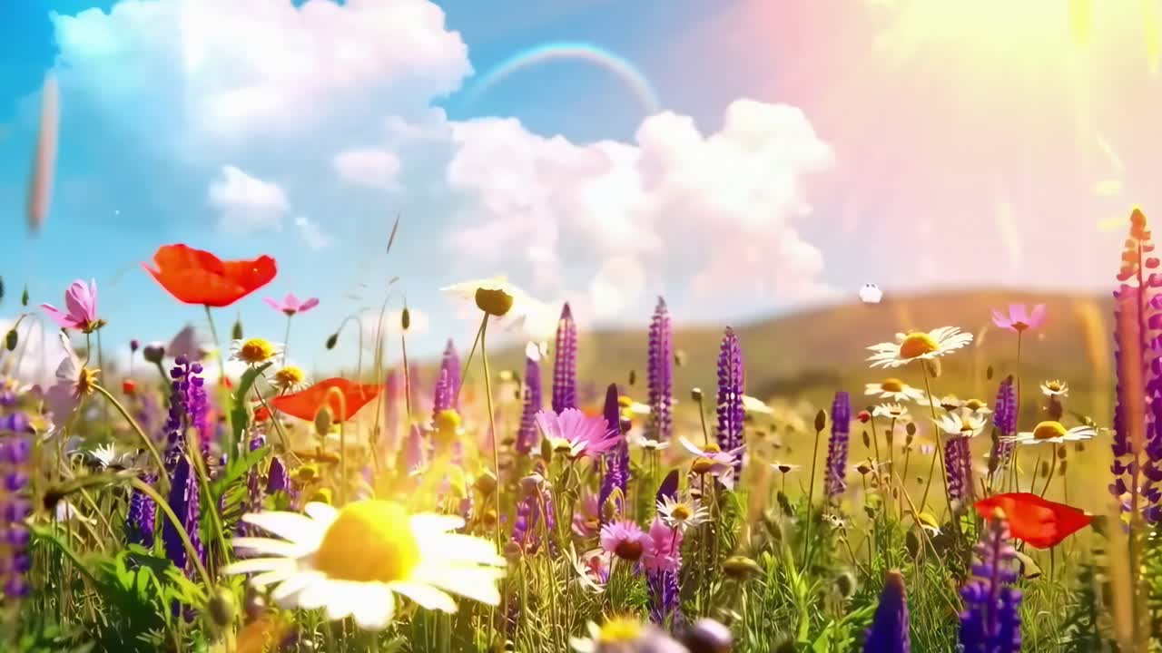 Vibrant video of wildflowers under a sunny sky, captured from a low angle for a dreamy effect