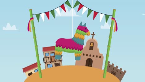 pinata and garlands in village scene