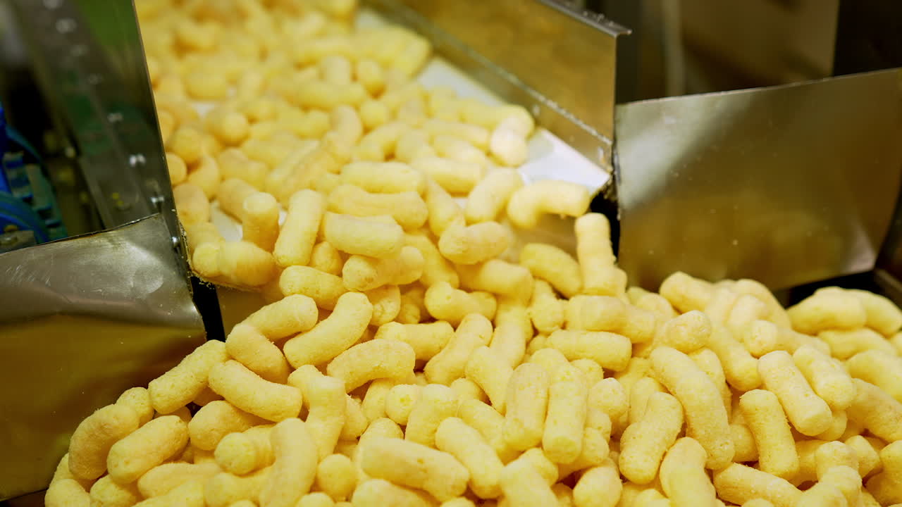 Worker's gloved hand moves a mass of corn sticks with spatula. Crispy snacks close up at conveyor belt.