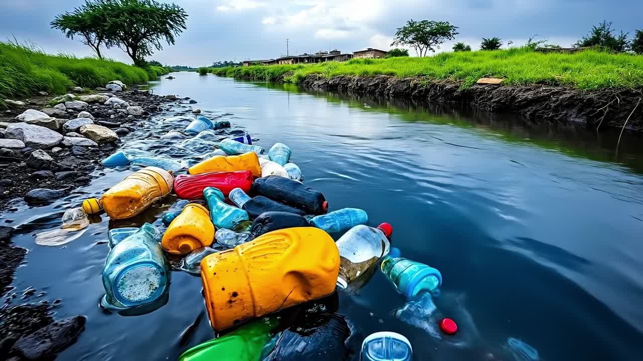 A river filled with lots of plastic bottles floating on the water