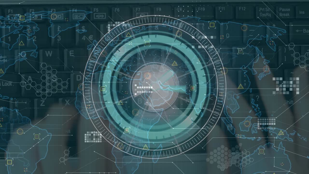 Animation of scope scanning and world map over hands typing on keyboard