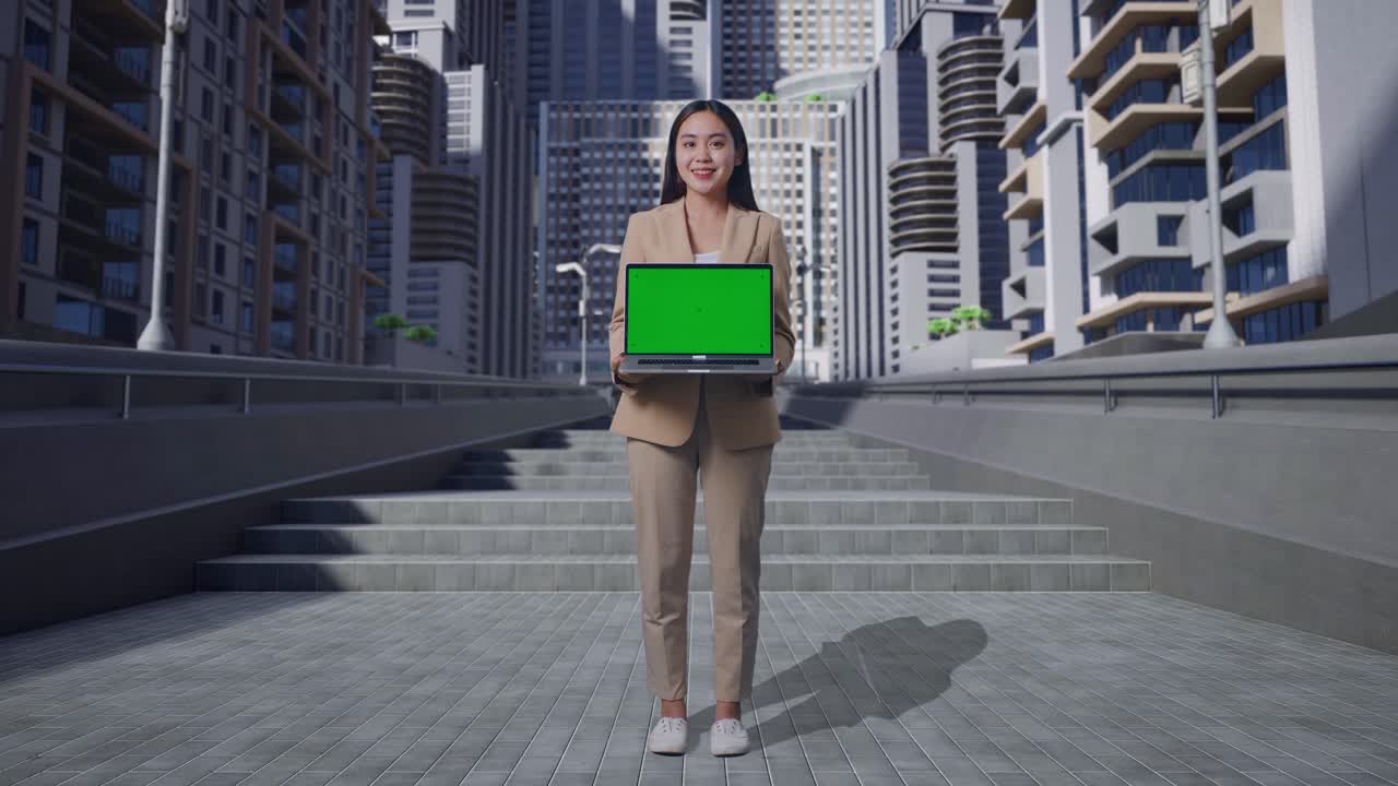 mujer de negocios presentando una computadora portátil en el paisaje urbano