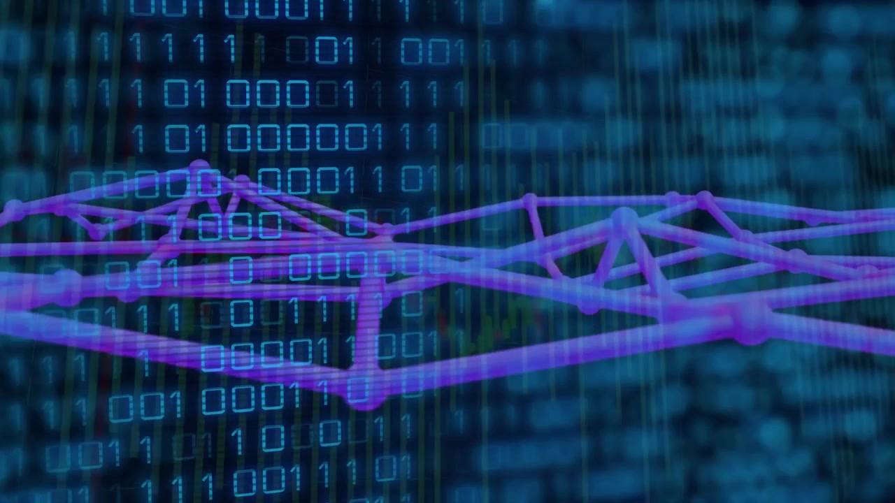 Scrolling binary driving purple mesh shifting, rising, peaking while showing tech data