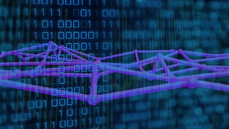Scrolling binary driving purple mesh shifting, rising, peaking while showing tech data