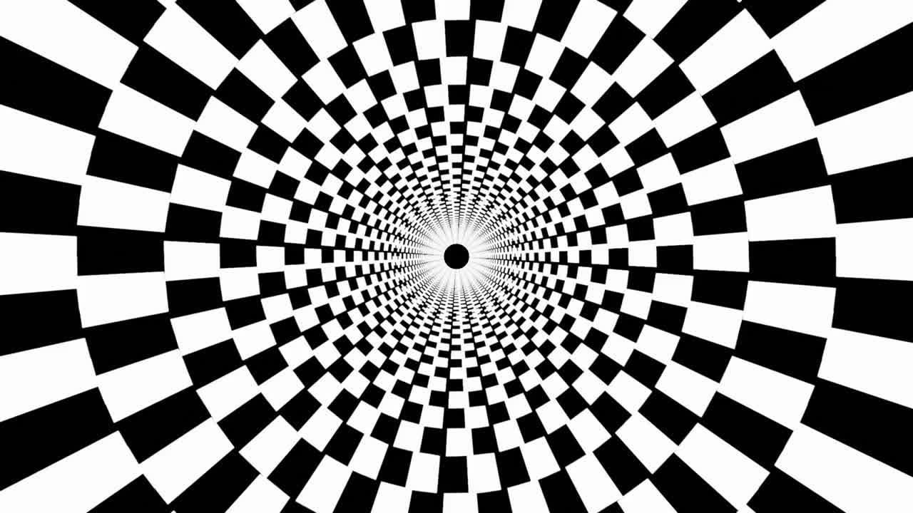 4K video of Black and white psychedelic optical illusion abstract hypnotic animated background. Spiral geometric seamless looping monochrome wallpaper.