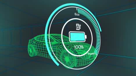 animation of speedometer interface over 3d car model in seamless tunnel on blue background