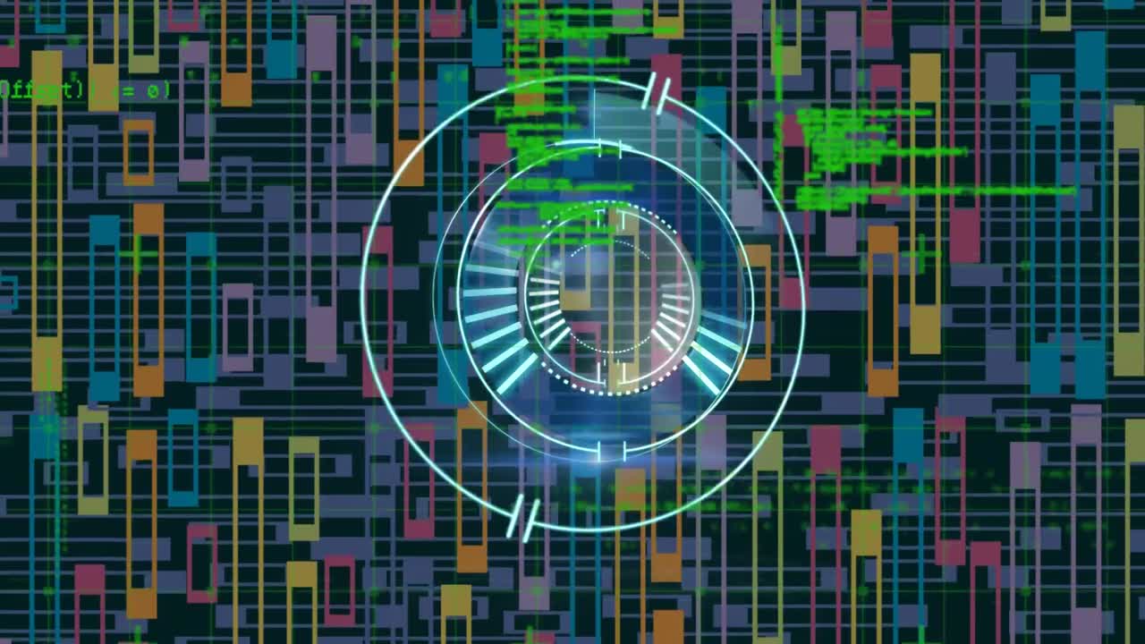 Neon round scanner over data processing against abstract colorful shapes on blue background