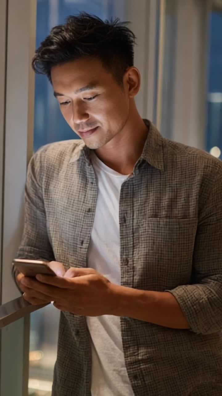 A man stands by a window engrossed in his smartphone, illuminated by soft light, showcasing a moment of focus and modern connectivity