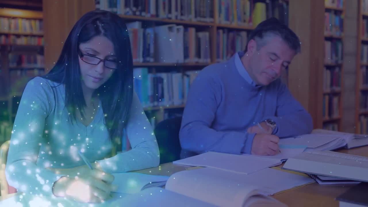 animación de puntos de luz sobre diversas escrituras de hombres y mujeres